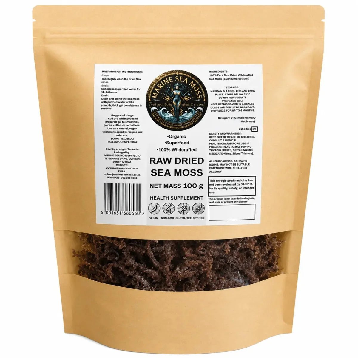 100% wildcrafted and raw dried sea moss in a resealable 100g stand-up pouch