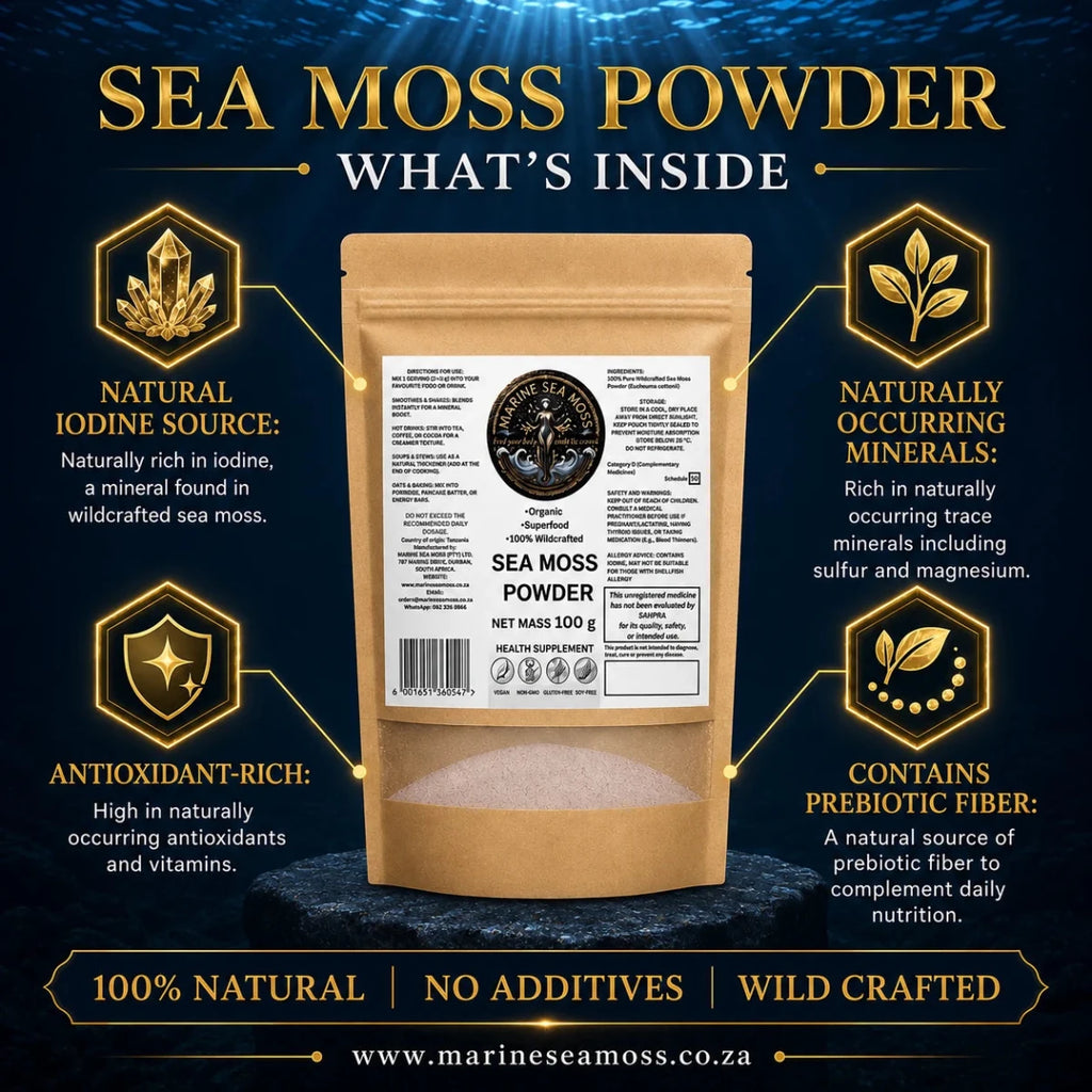 Sea Moss Powder – What's Inside infographic showing natural iodine source, naturally occurring minerals, antioxidant-rich, and prebiotic fiber benefits