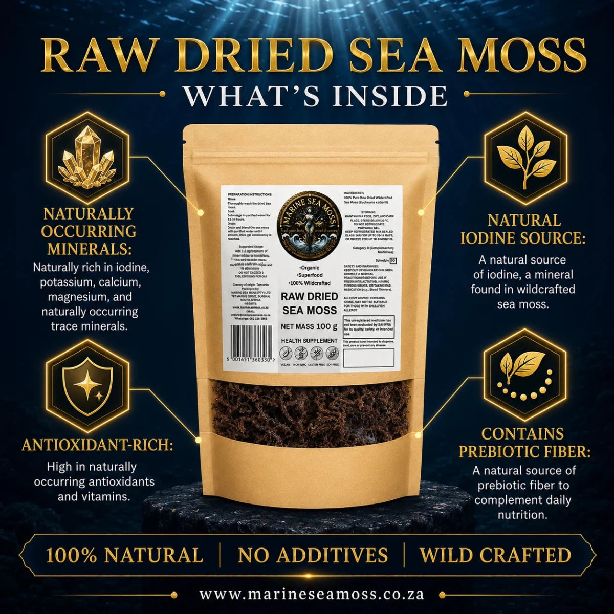 Raw Dried Sea Moss – What's Inside infographic showing naturally occurring minerals, natural iodine source, antioxidant-rich, and prebiotic fiber benefits