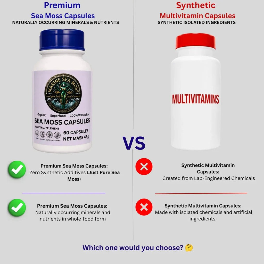 Comparison between Premium Sea Moss Capsules and Synthetic Multivitamin Capsules on a gray background.