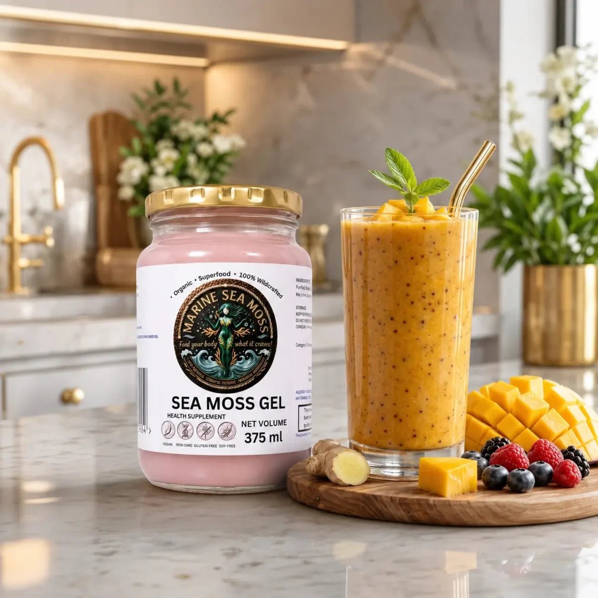 Marine Sea Moss Gel 375ml jar served with a healthy smoothie and fresh tropical fruits
