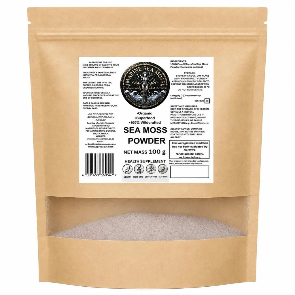 Marine Sea Moss Powder 100g in a resealable kraft pouch – 100% Wildcrafted