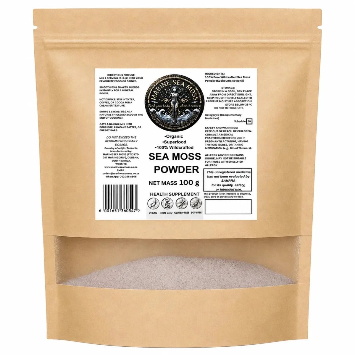 Marine Sea Moss Powder 100g in a resealable kraft pouch – 100% Wildcrafted