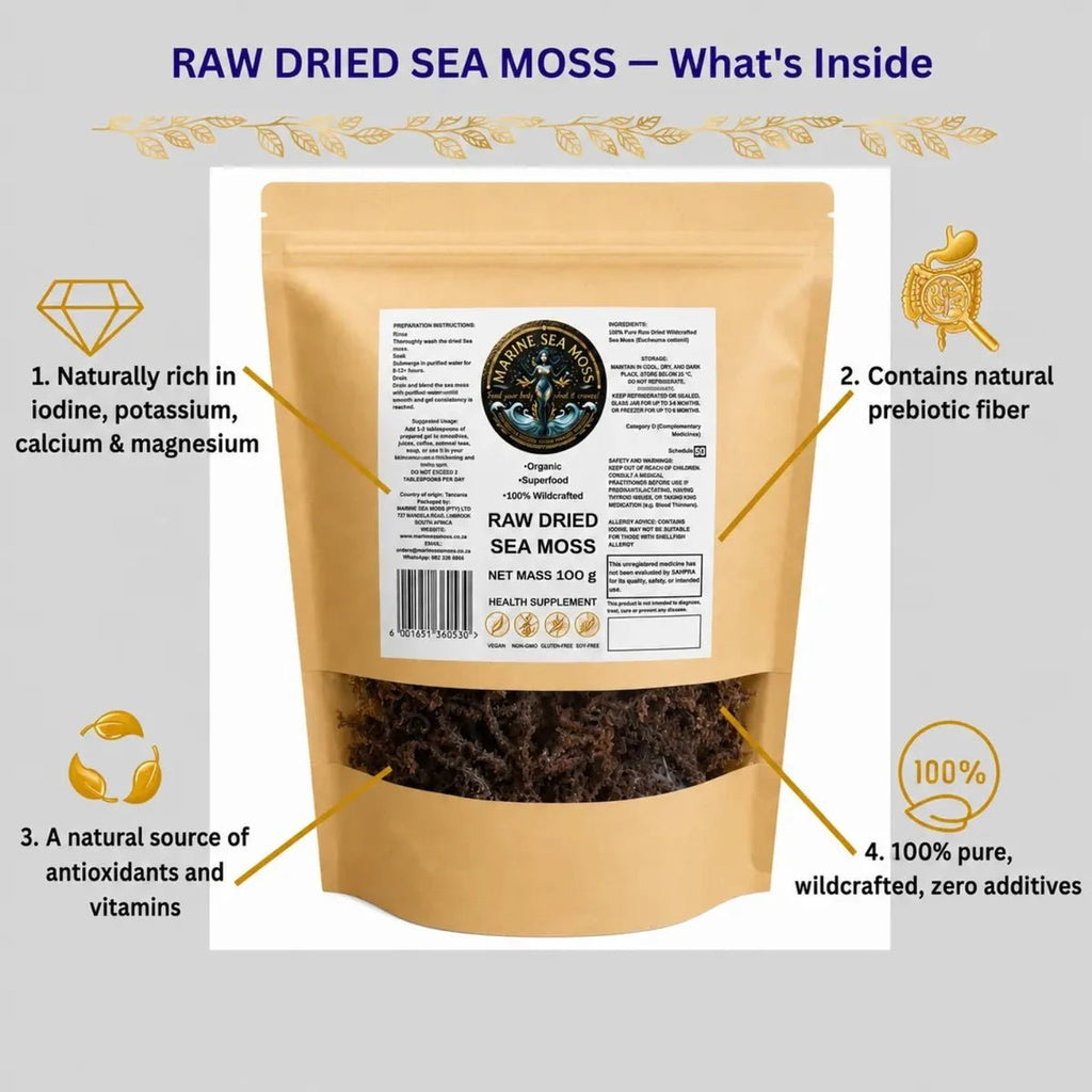 A stand-up pouch of raw dried sea moss shown on a light gray background with callout text and icons explaining its ingredients and benefits. The pouch is tan/beige with a clear window revealing dark brown dried sea moss inside.